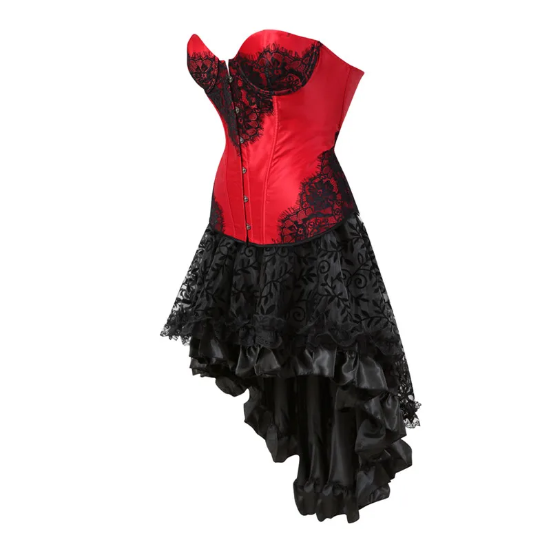 

Sapubonva corsets with skirts asymmetry high low lace bustiers corset dresses costume vintage style fashion corselet overbust