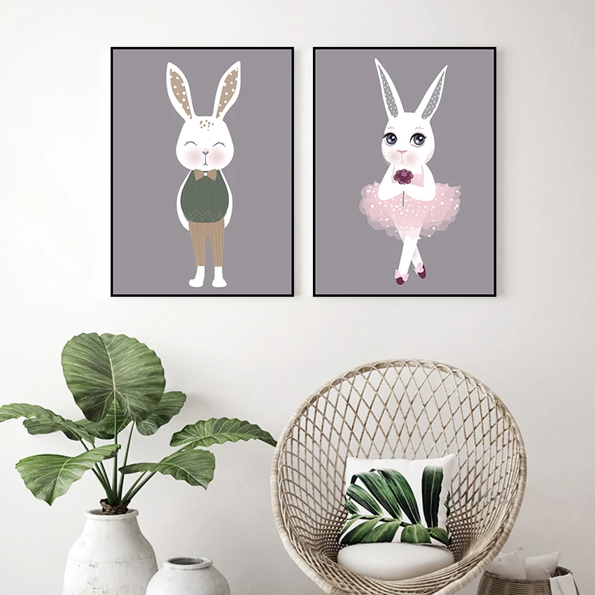 Cartoon Rabbit Posters And Prints Animal Wall Pictures for Children Bedroom Decor Modern Watercolor Art Canvas Painting No Frame