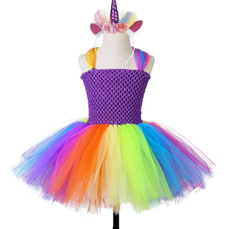 

Little Girl Pony Unicorn Birthday Tutu Dress for Kids Fluffy Handmade Baby Christmas Halloween Party Tulle Dresses with Headband