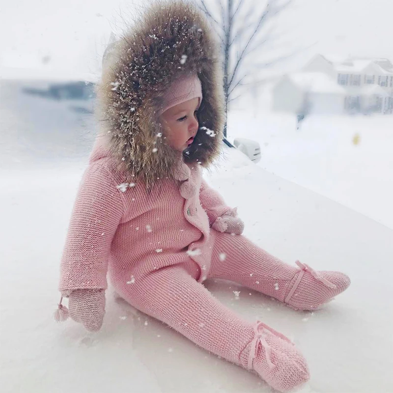 Beste Luxe Baby Gebreide Racoon Bontkraag Jumpsuits Hooded Baby Meisje Kleding Winter Bebe Rompertjes Jongens Meisjes Onesie Vintage
