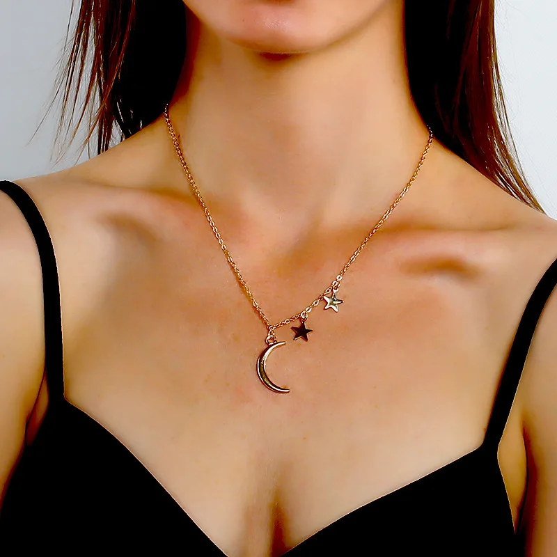 

Romantic Couple Metal Moon Star Combination Women Fashion Necklaces Gold Necklace Silver Chain Fishing Line Suspension Jewelry
