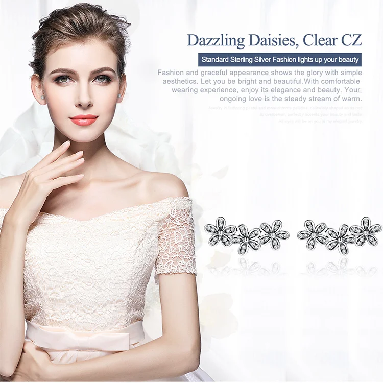 BAMOER подлинные 925 пробы серебряные стекируемые DAZZLING Daisies, прозрачные CZ серьги-гвоздики для женщин, хорошее ювелирное изделие, Bijoux PAS506