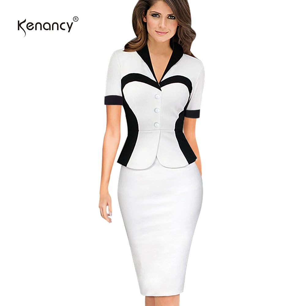Kenancy 3XL размера плюс искусственный Твинсет Платье женское с цветными блоками короткий рукав облегающее до колена карандаш офисное платье Vestidos тонкий - Цвет: white