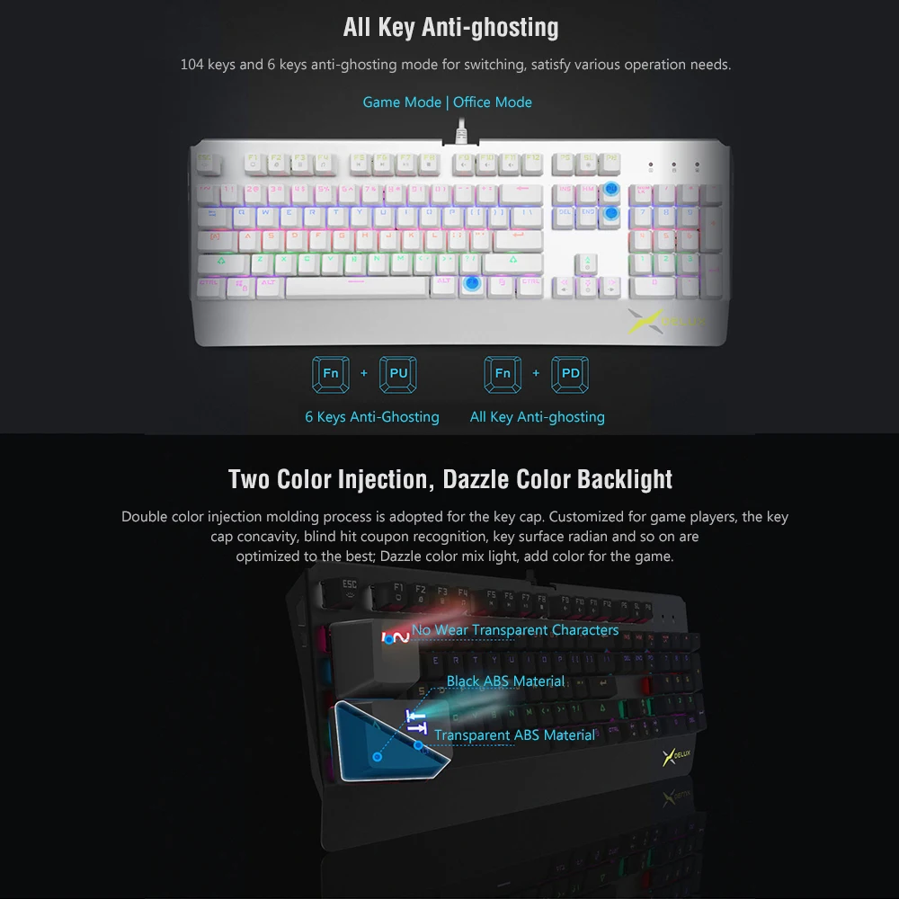 Delux KM06 Проводная игровая механическая клавиатура 104 стандартных клавиш синий переключатель смешанный цвет подсветка для Windows XP/Vista/7/8/10