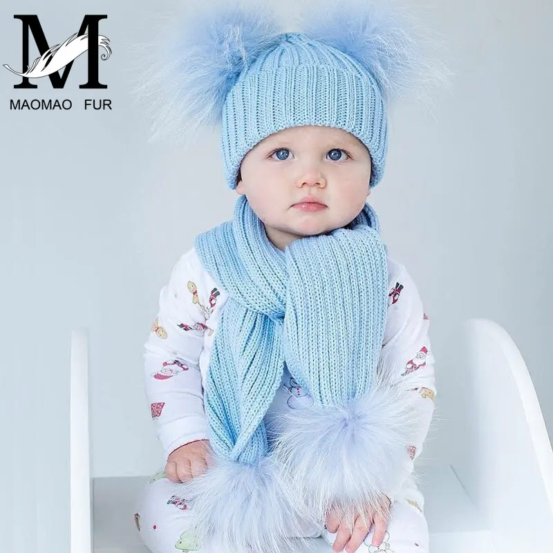Winter Real Fur Scarf and Hat Set Kids Big Real Raccoon Fur Balls Hat Double Pom Pom Beanies Children Girls Warm Scarf Cap