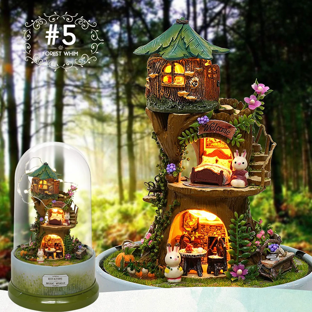 1Pcs Music Dollhouse Rotating cabin DIY Doll House with transparent cover Music box for children Christmas Gift