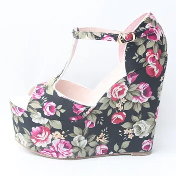 

ACILICI1905011 Retro Multicolor Slope with Flower Cloth T Word with Fish Mouth Buckle High Heels Shoes Women's Sandals