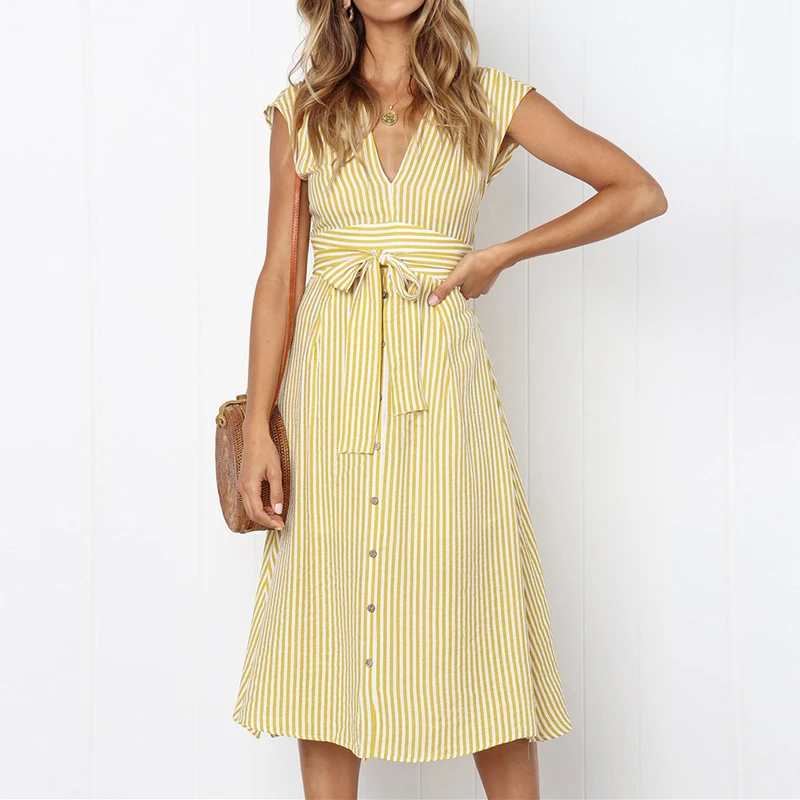 Women's Striped Mid-Calf Dress New Fashion Button Sexy V-Neck Short Sleeve Dresses Vestidos Female Casual Daily Party Sundress