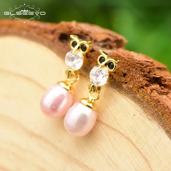 

XlentAg 925 Sterling Silver Natural Pink Pearl Owl Drop Earring For Women Party Wedding Gift Earring Fine Luxury Jewelry GE0686