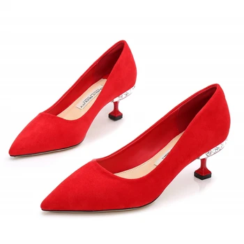 

2019 Spring New Classic Brand Pointed Toe Lady Pumps Shoes Sexy Slip On Red Solid Color Woman Wedding Party High Heels E0028