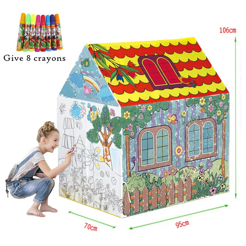 

Colors Cartoon Kids Graffiti Camping Tent Children Playroom Toy Painting Folding Princess Castle Baby Doll houses Christmas Gift