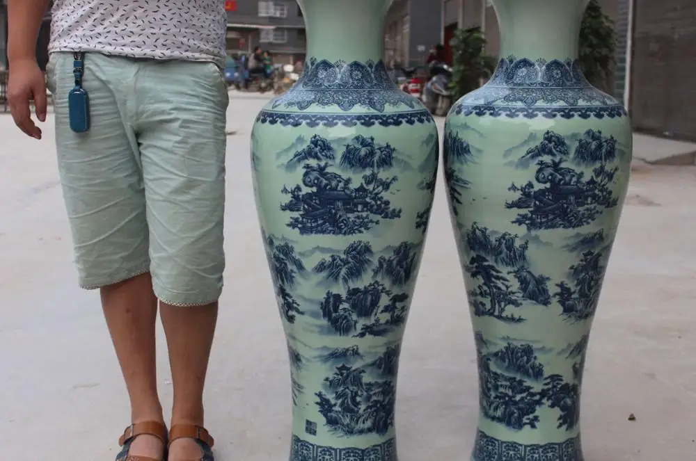 

100CM Marked Chinese Dynasty Palace Porcelain Scenery Flower Bottle Vase Pair