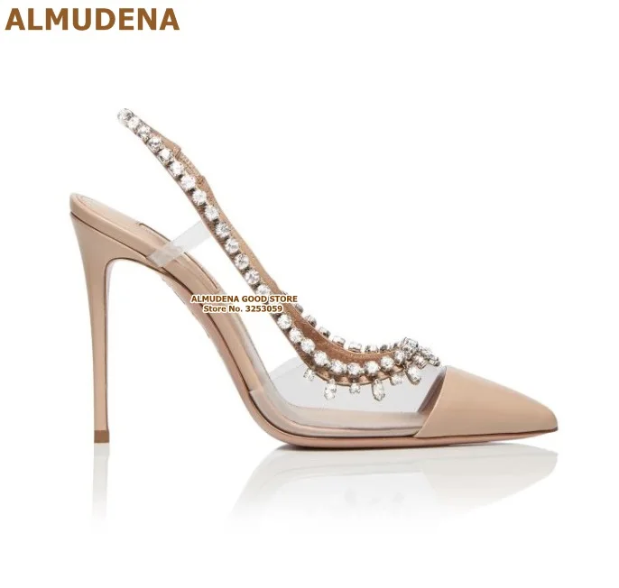 ALMUDENA Clear PVC Bling Bling Crystal Wedding Shoes Fringe Pointed Toe Slingback Dress Pumps Thin High Heel Glitter Sandals