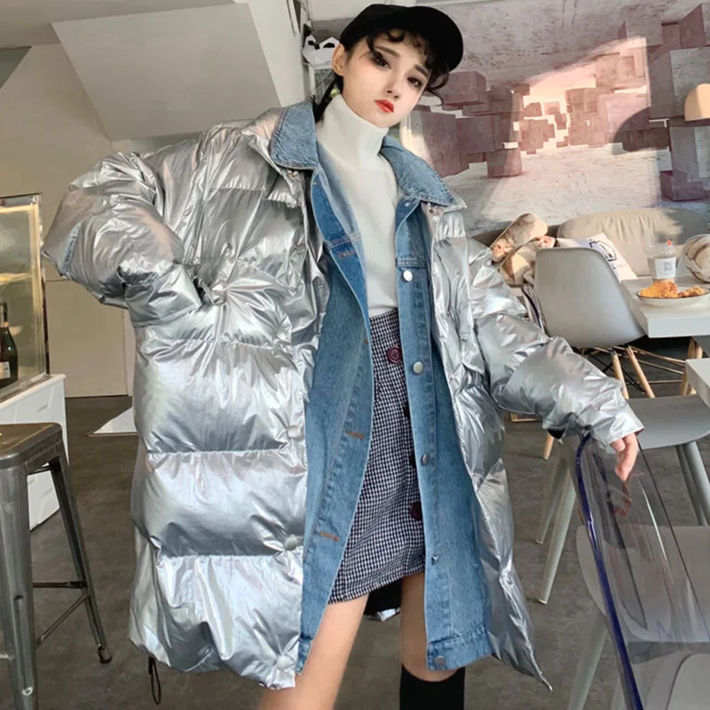vent Vers Femmes Pour Bas Chaud Brillant argent Parka Harajuku Veste Argent Le Épaississent D'hiver Bf Coupe Bonu Noir Manteau Noir Lâche IzgwTqg