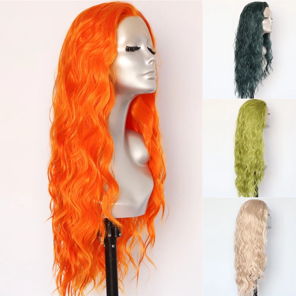 

Lvcheryl Orange Color Hair Wigs Trendy Natural Long Water Wave Hair Party Wigs Heat Resistant Hair Synthetic Lace Front Wigs
