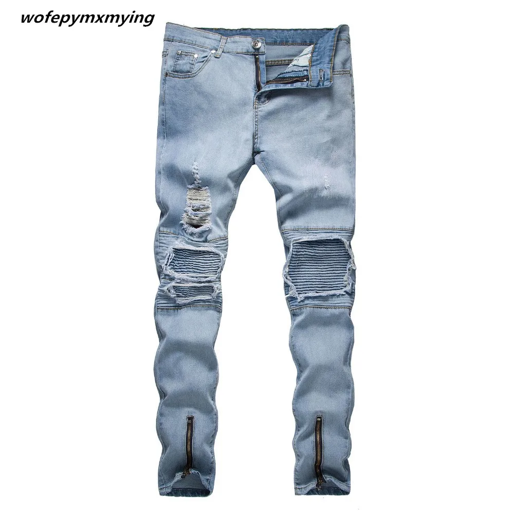 

Wofepymxmying men's hole blue jeans Slim trousers France motorcycle Ripped jeans for men Casual homme pencil Pants