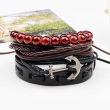 Korean Simple Vintage Wax Rope Woven Anchor Bracelet Fashion Men Leather Bracelet Imitation Beads Hand String