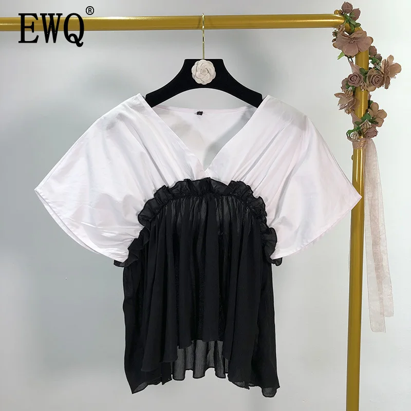 

[EWQ] 2019 Spring Summer New V-collar Short Sleeve Hit Colors Patchwork Pullovers High Waist shirt Women Fashion Tide AG80