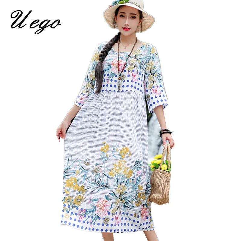 Uego/свободное летнее платье с коротким рукавом, тонкий светильник, Мягкое хлопковое льняное праздничное пляжное Повседневное платье с цветочным принтом, шикарное женское платье миди - Цвет: white