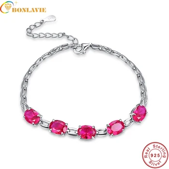 

BONLAVIE 925 Sterling Silver Bracelet with 5pcs Created Ruby Wedding Jewelry s925 bracelets & bangles charm bracelet for woman