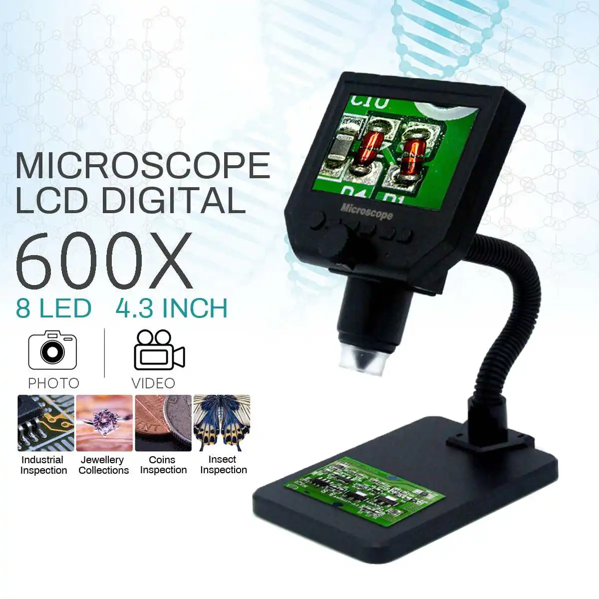 

600X Digital Microscope Electronic LCD Digital Microscope With High Brightness 8 LEDs Phone Repair Magnifier Metal Stand Black