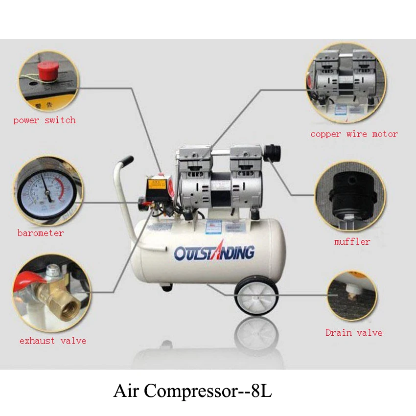 

Noisy less light tool,Portable air compressor,0.7MPa pressure,8L air pool cylinder,economic speciality of piston filling machine