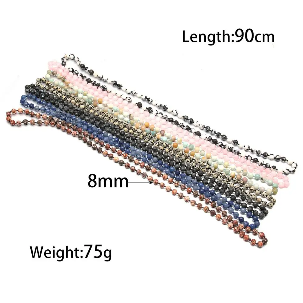 

2019 New Fashion Stone Beaded 8mm Beads Natural Stone Necklace Bohemian Jewelry Natural Stone Knotted Long Necklaces for Women