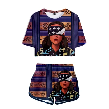 

FT Leisure HIP HOP Science fiction drama Stranger Things 3D Two-piece Summer Umbilical Shirt Women's Casual Cool Summer Set