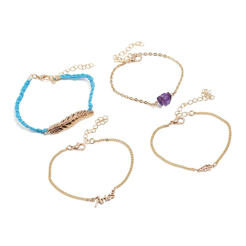 

1Set Retro Leaf Feather Aries Bracelet Lady Multi Hand-Woven Chain Crystal Bracelet Birthday Gifts For Women Girl