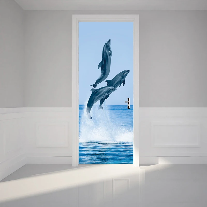 Наклейка на дверь с дельфинами, ПВХ, самоклеющаяся, водостойкая, фото обои, наклейка на стену, детская спальня, домашний декор YMT016