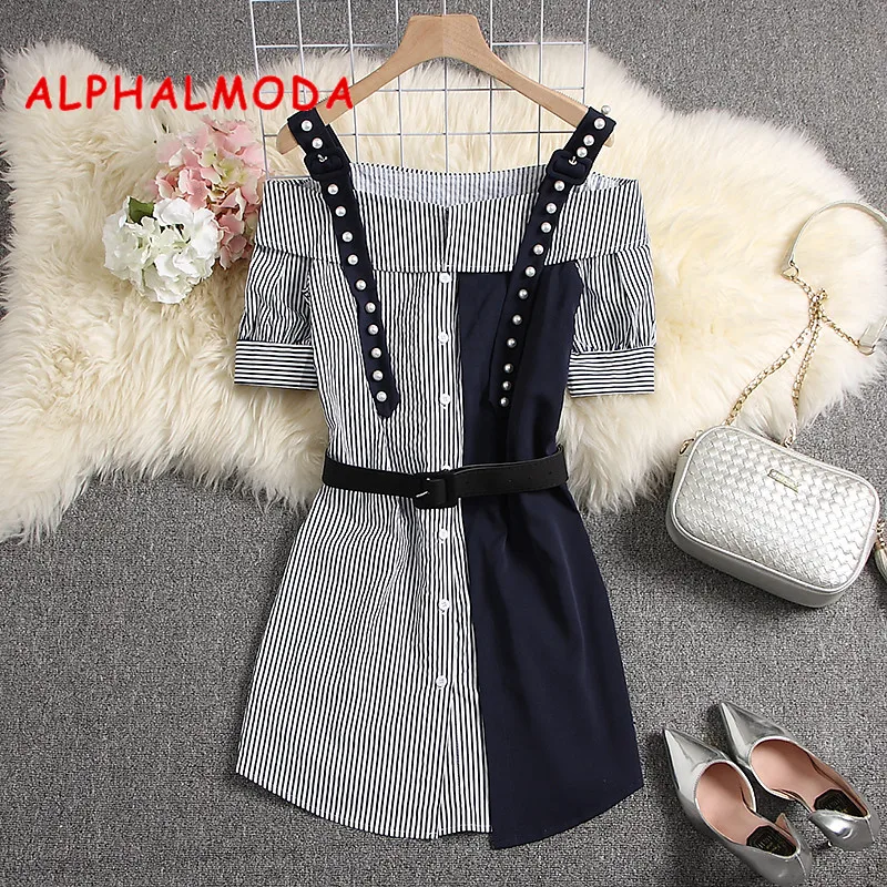 

ALPHALMODA Beaded Strap Block Color Ladies Fashion Shirt Dress Off-shoulder Single Breasted Waist Belt Women Short-sleeved Dress