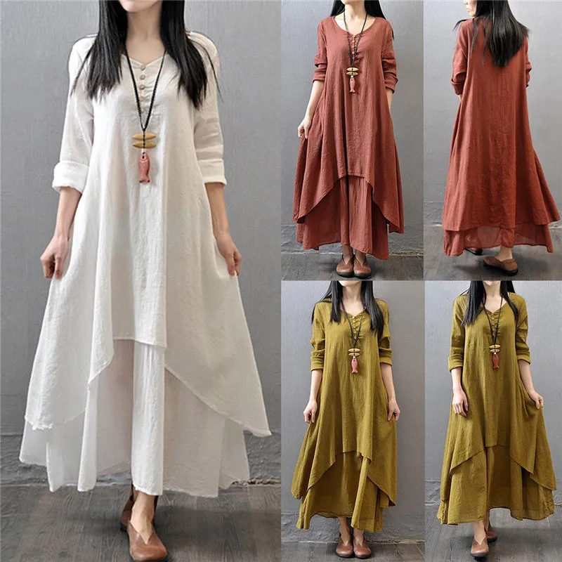 

Casual Women Ethnic Boho Cotton Linen Long Sleeve Large Swing Maxi Dress Loose Brick Red Solid Gypsy Dresses Plus Size
