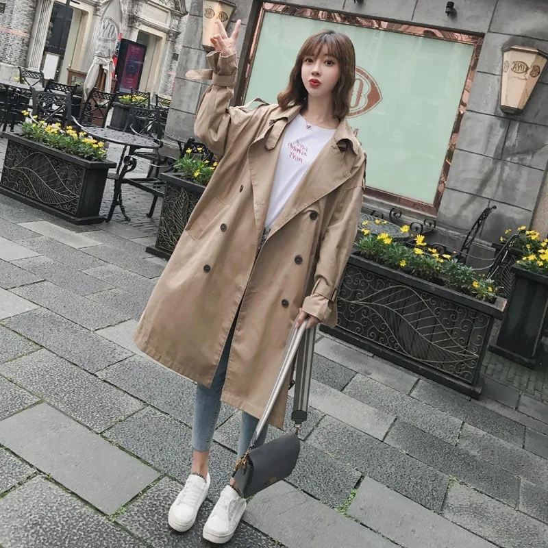 Femelle Manteau Temps Filles Overknee Automne Lâche Vintage Tranchée Kaki Chic 2018 vent Base De Coupe Coréenne Survêtement 448qpA7