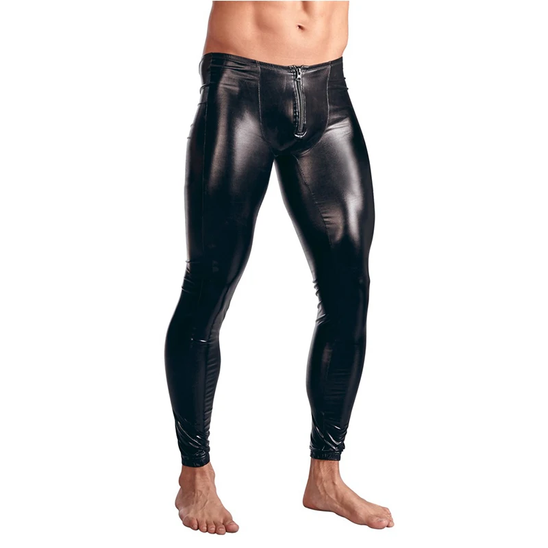 New Fashion Men Sexy Black Faux Leather Underwear Guy Male Low Waist Zipper Clubwear Jockstrap Fitness Pants Erotic Gay Lingerie