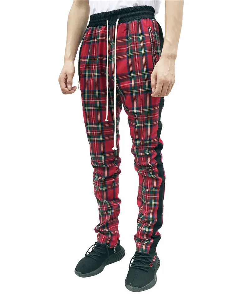 

2019 New Fashion Men Sweatpants Hip Hop Pants Red Plaid Streetwear Zipper Slim Pencil Pants men Trousers Jogger Pants