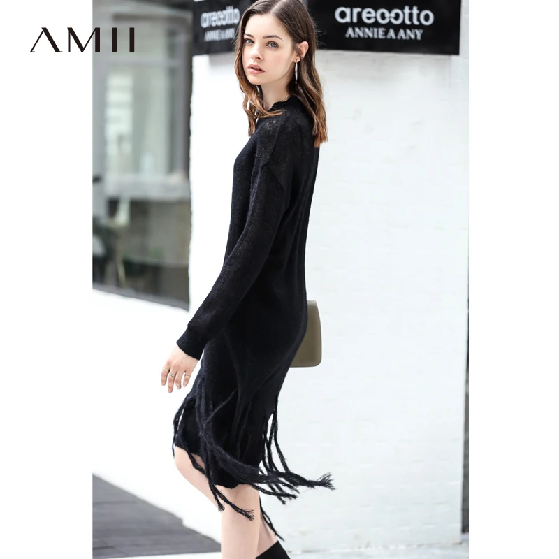 Amii женское минималистичное осеннее платье, богемное шикарное вязаное женское платье с кисточками оригинального дизайна
