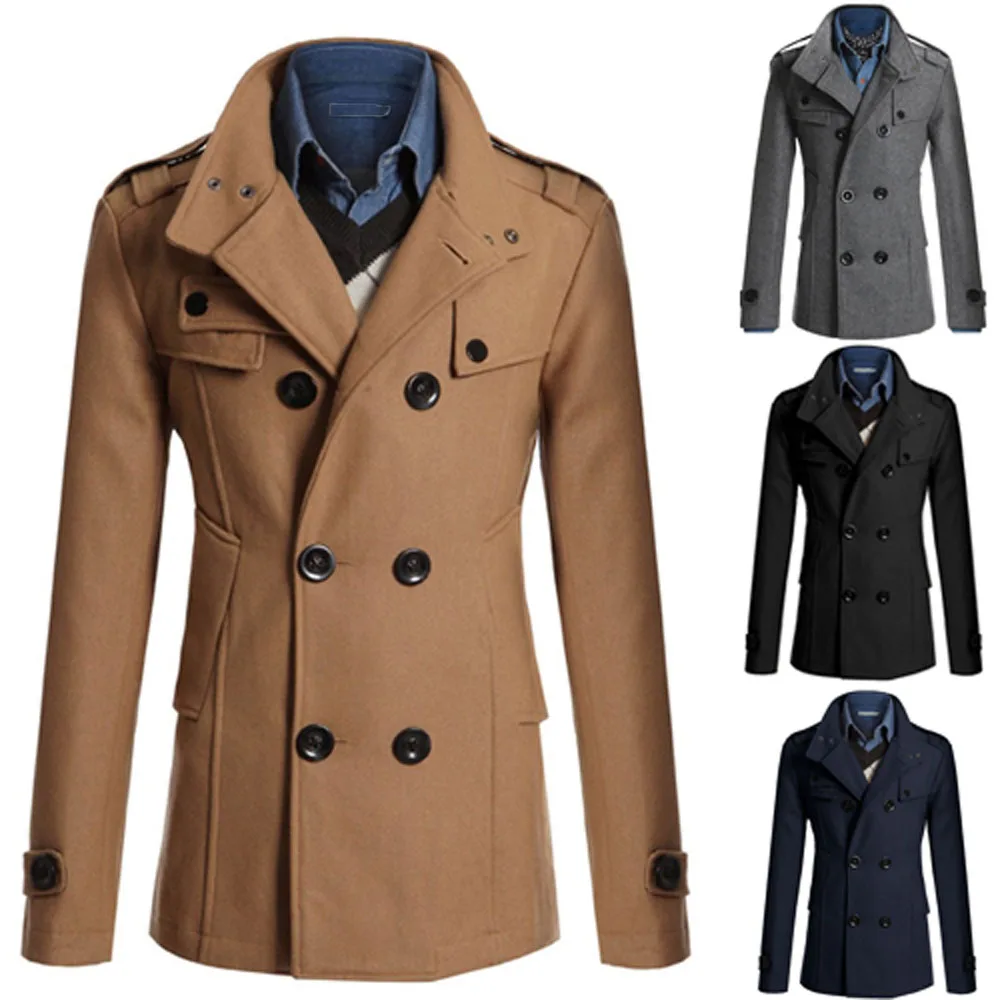 Мужской осенне-зимний теплый двубортный пиджак с отворотом и длинным рукавом, модная повседневная верхняя одежда, Новое мужское шерстяное пальто, Тренч