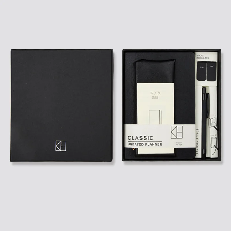 Кинбор классические канцелярские товары набор черный A5 ноутбук, шариковая ручка, пенал, Закладка на магните PU набор блокнотов подарки - Цвет: DTB2001