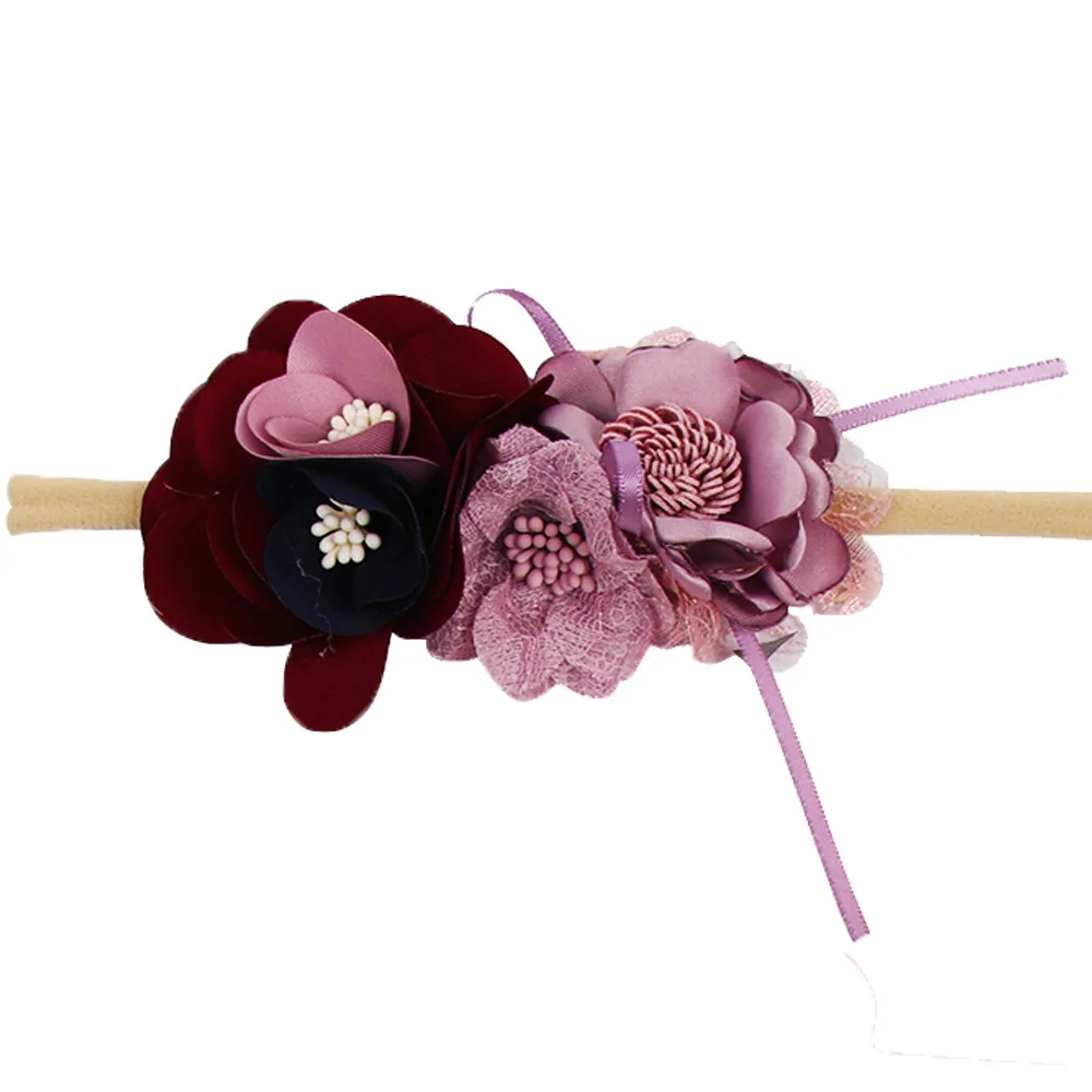 IBOWS Hair Accessories Lovely Baby Headband Fake Flower Nylon Hair Bands For Kids Artificial Floral Elastic Head Bands Headwear - Цвет: 25