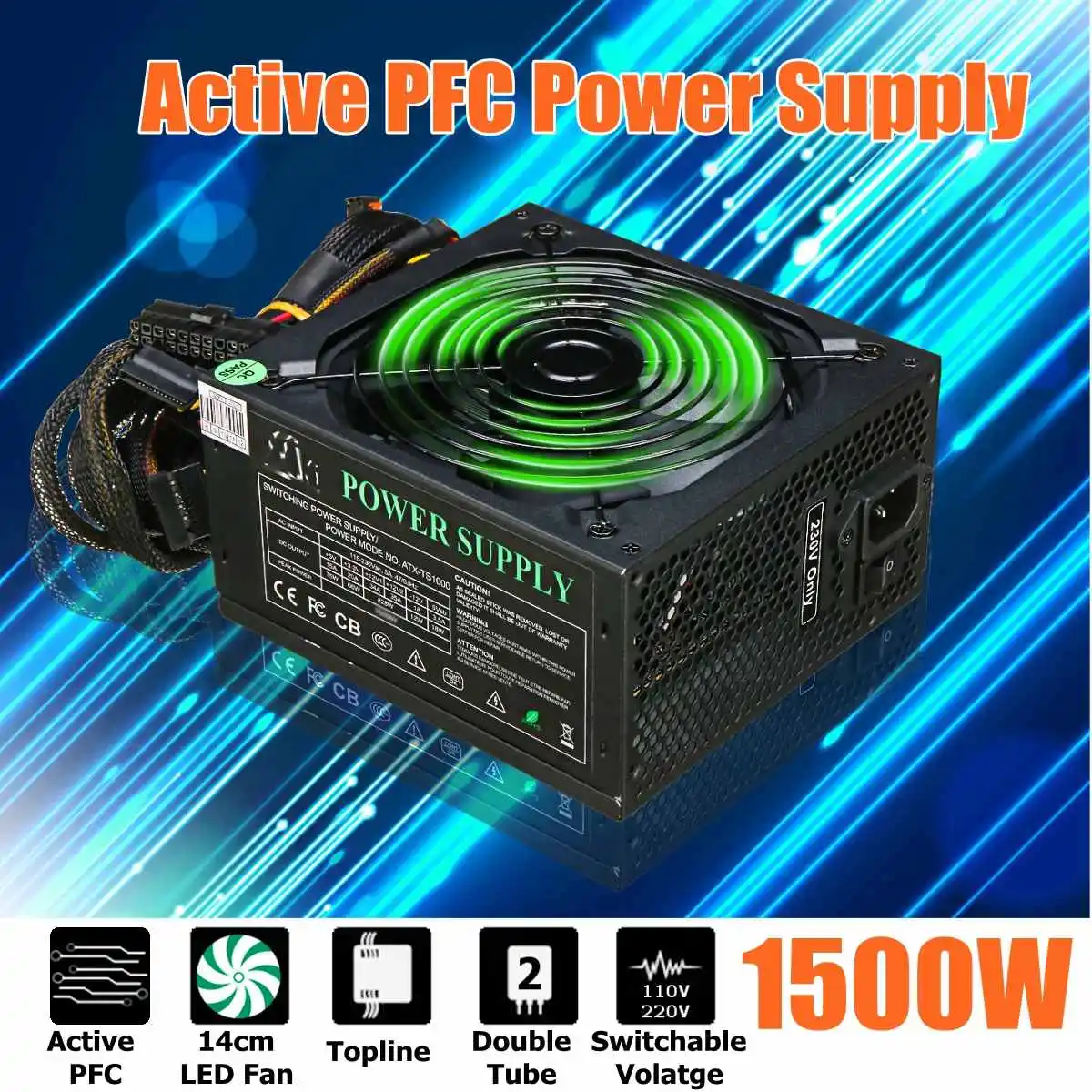 

PC Power Supply For Computer 1500W Active PFC Computer PC PSU 24Pin SATA LED Cooling Fan 80 Plus