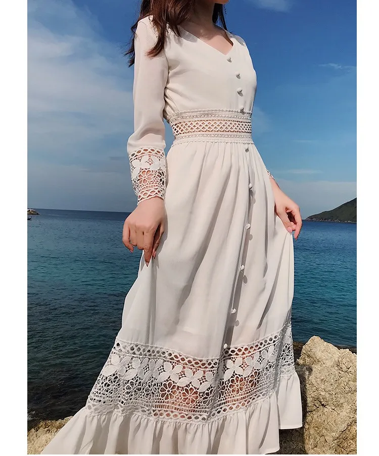 

2019 Summer Women V-neck Long Maxi Dress Hollow out Holiday Beach Dress Boho Style Party Dress