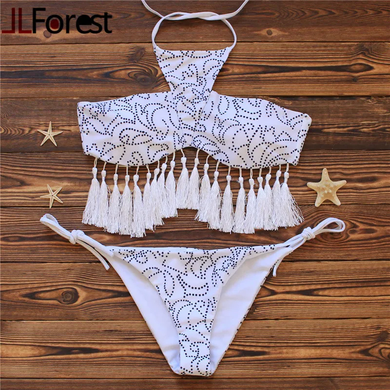 

JLForest 2017 White Sexy Two-Piece Bikini Set Women Ethnic Pattern Bikinis High Neck Low Waist Swimsuit Crop Halter Bathing Suit