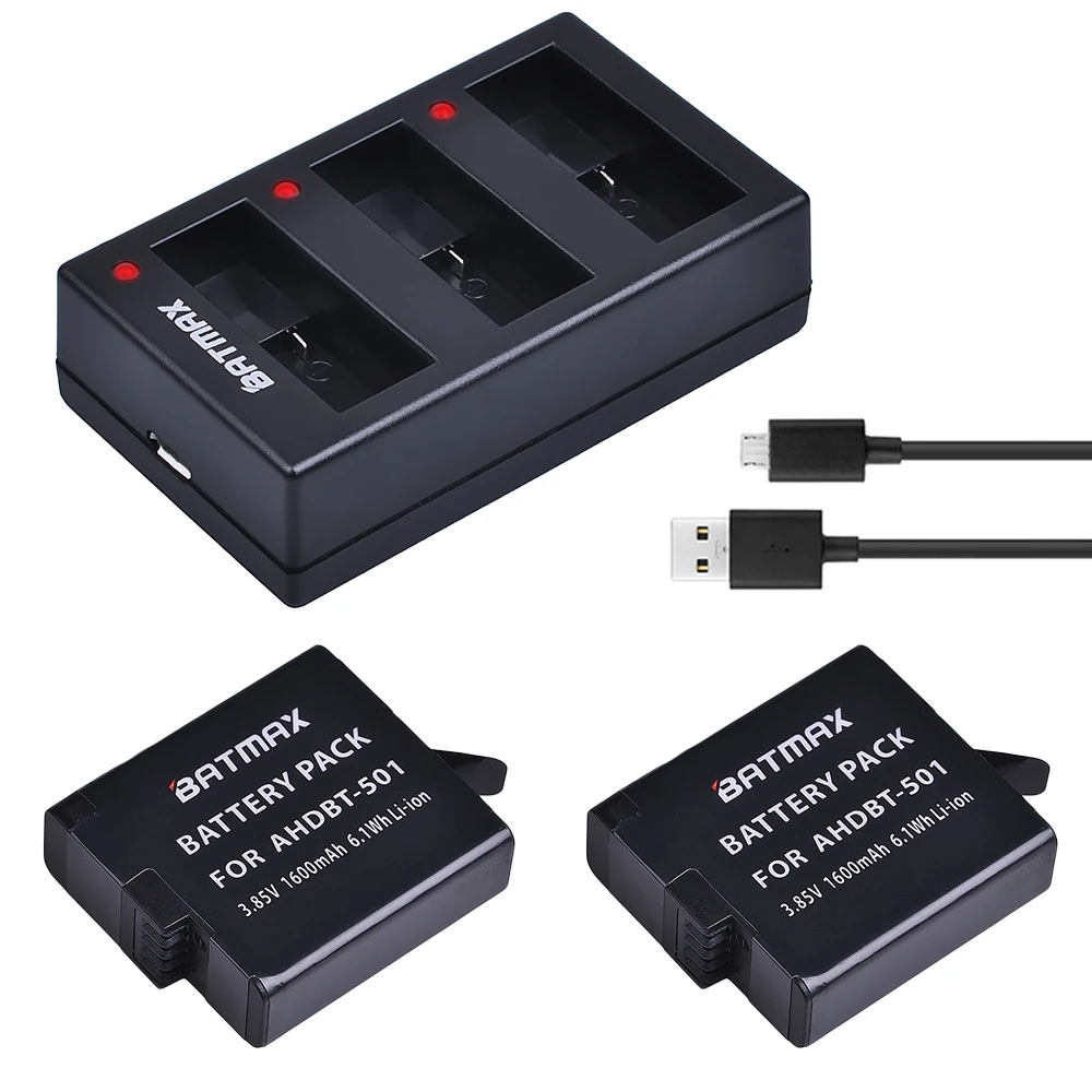Batmax 2PCS 1600mAh For Gopro 5 8 AHDBT-501 Battery +3-Slots USB Charger for GoPro Hero 6 7 Action camera | Электроника