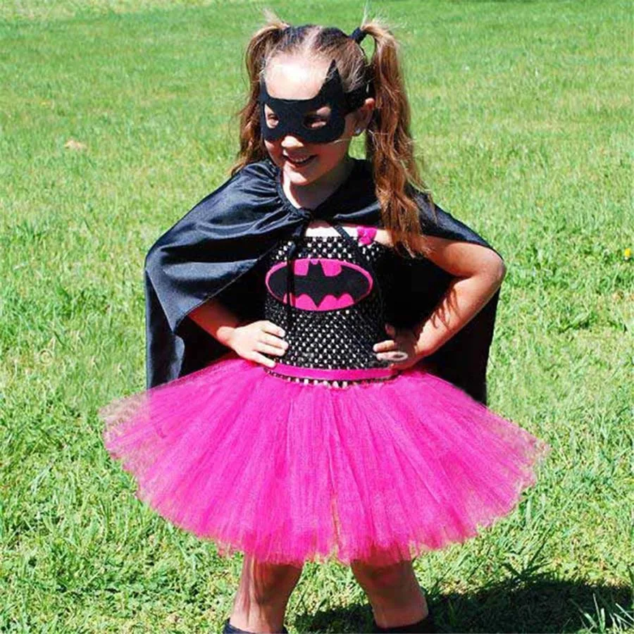 Bat Girl Halloween Costume Girls Hot Pink Tutu Dress with Mask Kids Super Hero Cosplay Fancy Vestidos Baby Dress  (4)