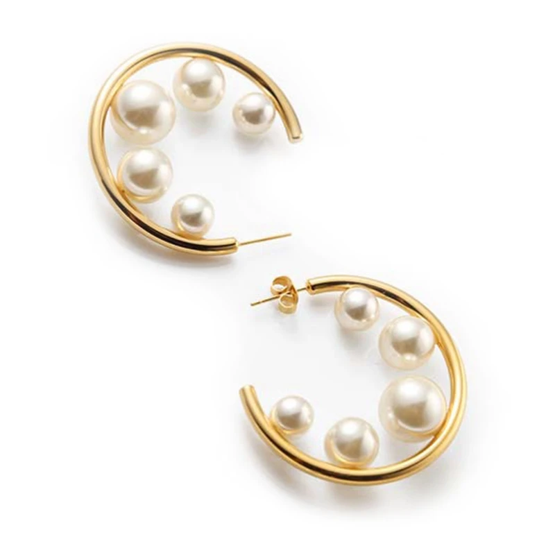 

European And American Temperament C-shaped Gradient Size Imitation Pearl Circle Earrings Opening Earrings Female Models