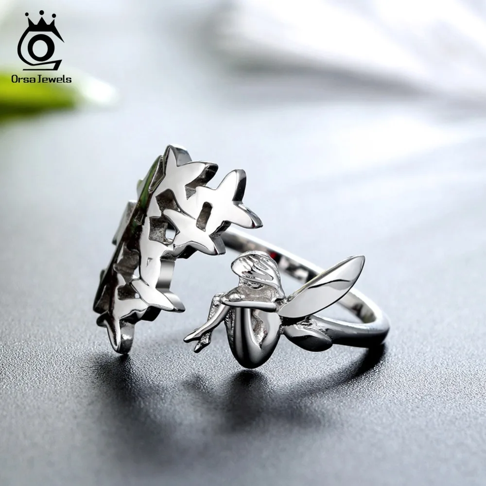 ORSA JEWELS Solid 925 Sterling Silver Ring Women Adjustable Original Fairy With Flowers Romantic Style Female Party Jewelry SR99