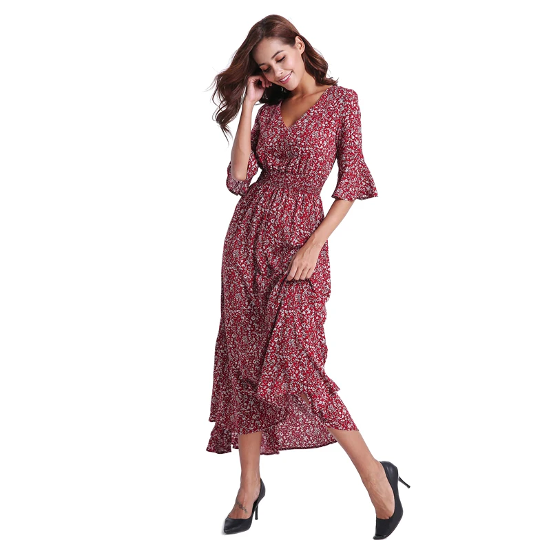 Bohemian Wine Red Floral Print Maxi Dresses V neck Three Quarter Sleeve ...