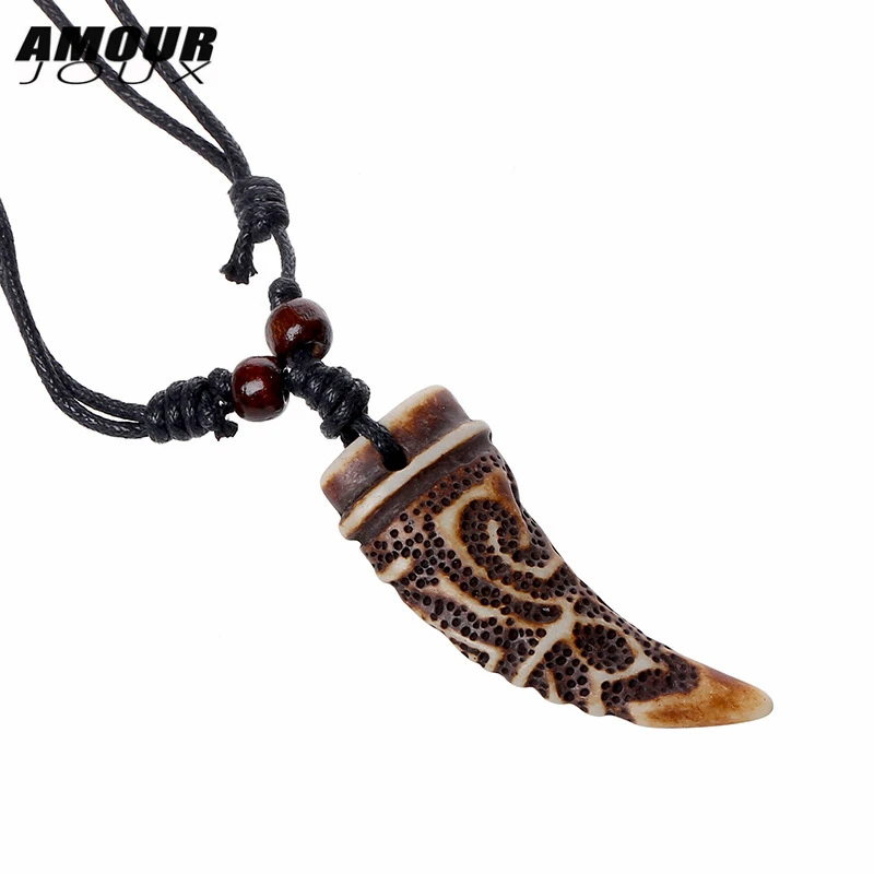 

AMOURJOUX Ethnic Wolf's Fangs Mace Wax String Chain Pendant Necklace For Men Women Adjustable Length Chain