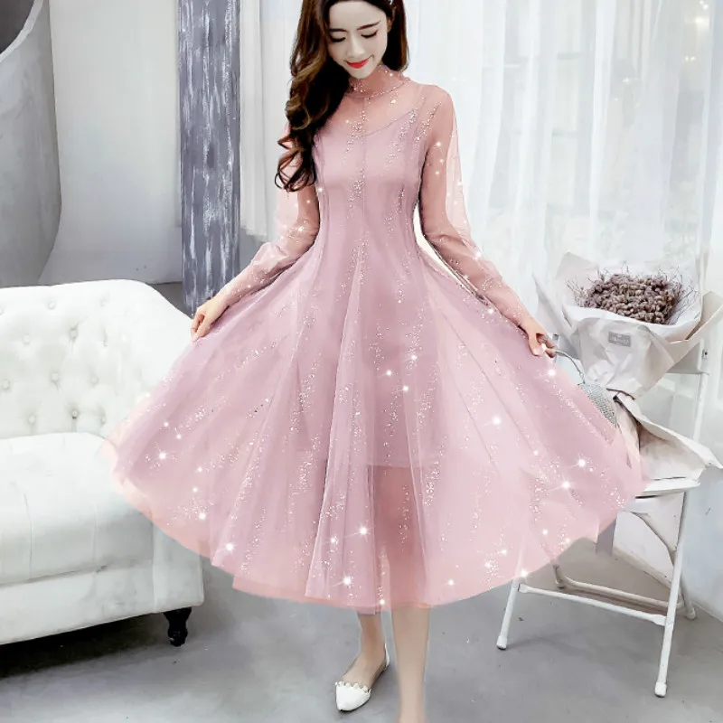 

2019 spring A-line bling bling shiny mesh dresses women elegant long sleeve shiny long party dresses lady lace dress