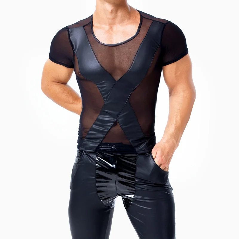 Европейская Сексуальная ПВХ резиновая латексная Мужская футболка эротическая GIMP майка для геев подтяжки Фетиш X6027